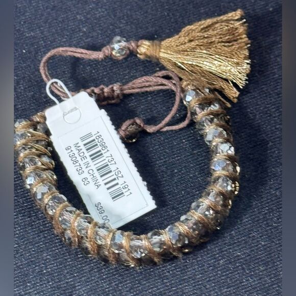 J Jill Crystal Beads Wrapped stranded Brown Pull Cord Bracelet Bolo W Tassle - Picture 8 of 8